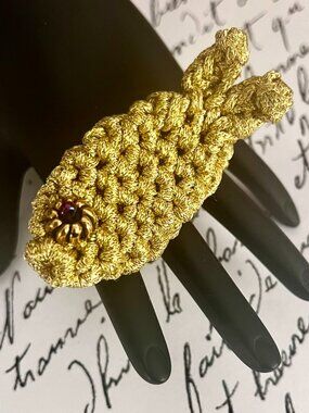 Hand Crafted Sparkling GOLDFISH BROOCH/PIN Crocheted with Gold Lame Ribbon